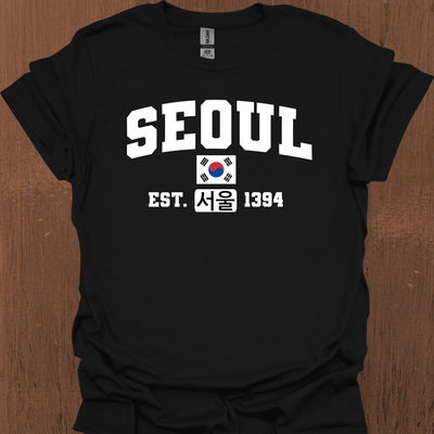 한국어, 국기 및 설립 날짜가 있는 서울 대학 티셔츠