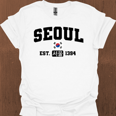 한국어, 국기 및 설립 날짜가 있는 서울 대학 티셔츠