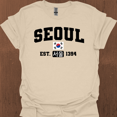 한국어, 국기 및 설립 날짜가 있는 서울 대학 티셔츠