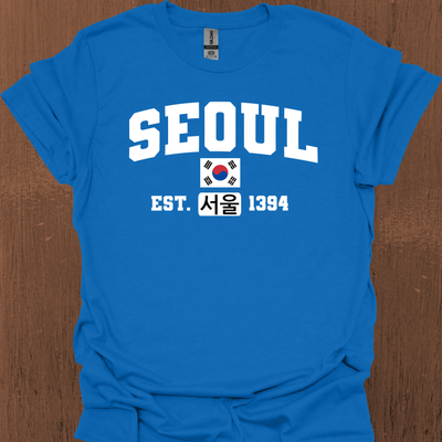 한국어, 국기 및 설립 날짜가 있는 서울 대학 티셔츠