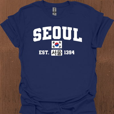 한국어, 국기 및 설립 날짜가 있는 서울 대학 티셔츠