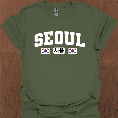 한국과 국기가 있는 서울 대학 티셔츠