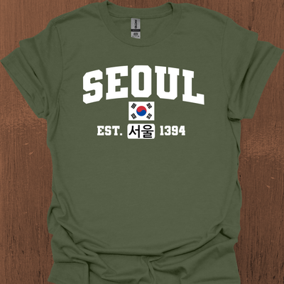 한국어, 국기 및 설립 날짜가 있는 서울 대학 티셔츠