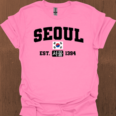 한국어, 국기 및 설립 날짜가 있는 서울 대학 티셔츠